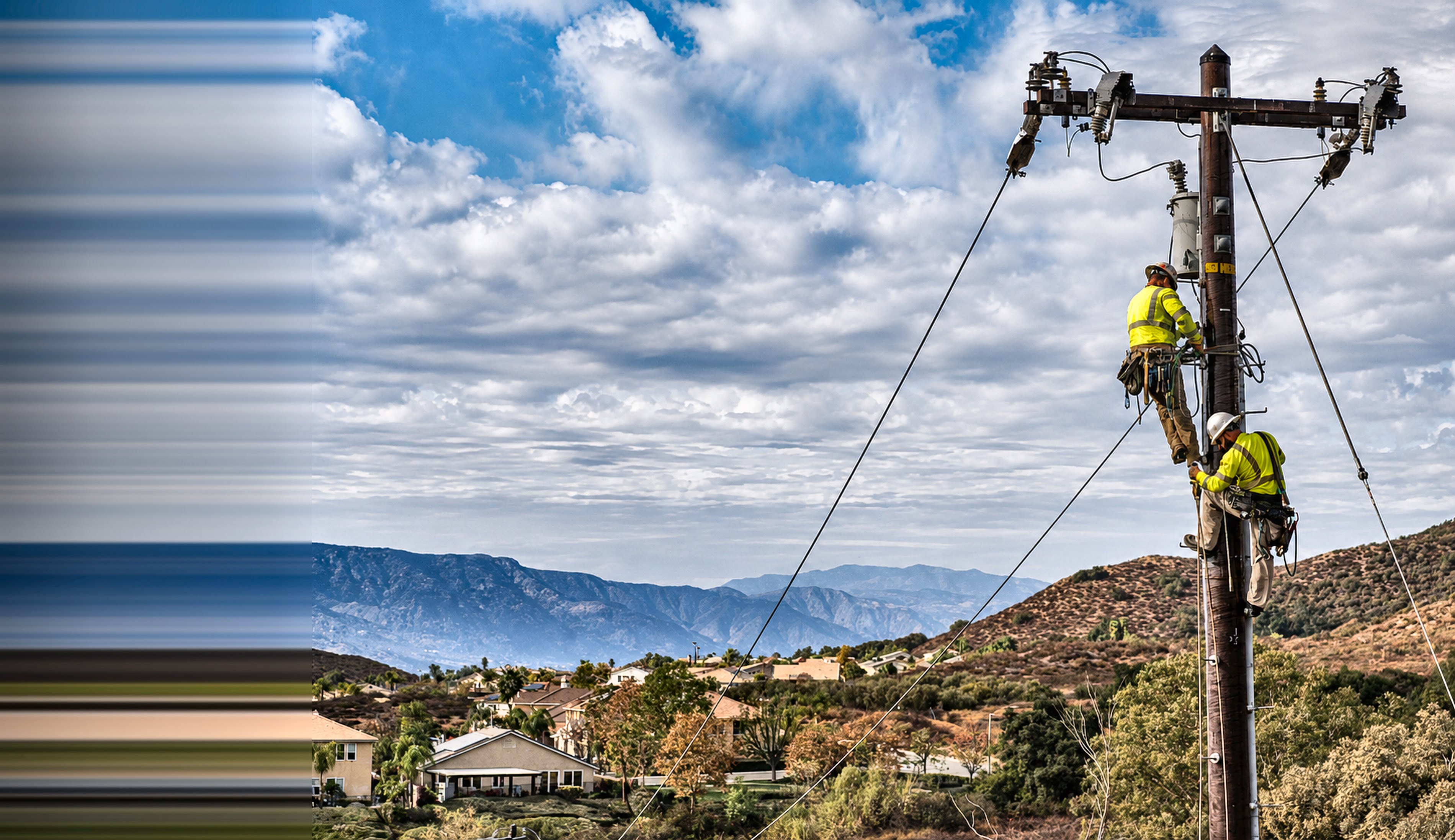 Two linemen working atop a wooden distribution pole against a mountain range, open sky, and a valley of homes